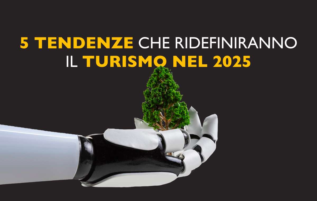 mano da robot che tiene un albero per il messaggio della tecnologia (intelligenza arrtificiale) e green, due tendenze del turismo 2025 nel settore alberghiero